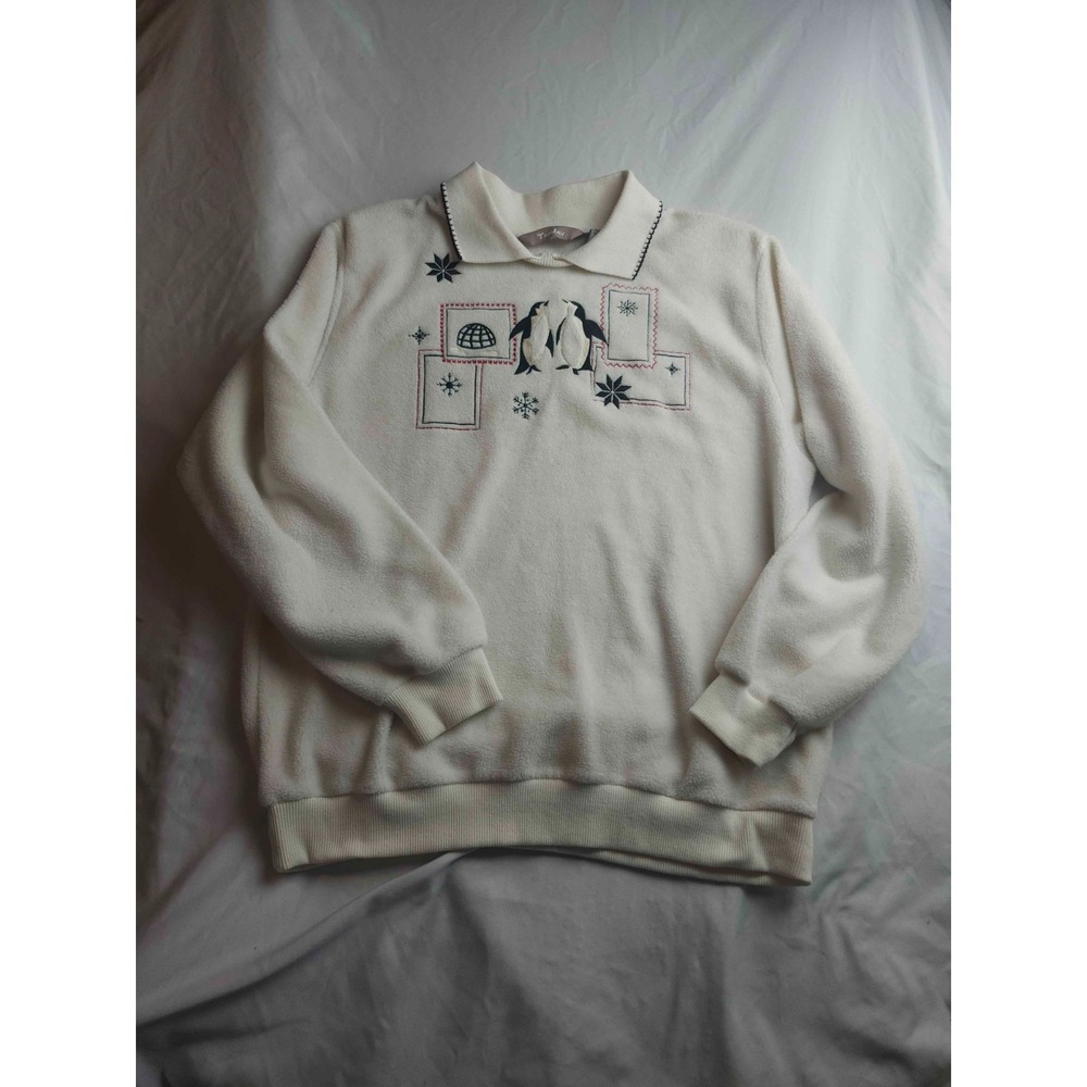 Vintage 90s TanJay Penguin Sweater Womens M Beige Winter Loungewear Cottagecore